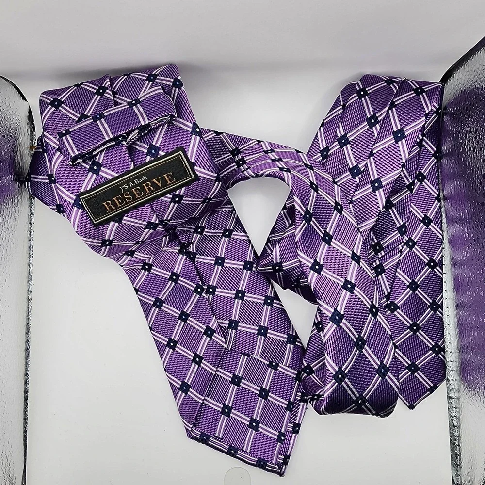 Jos. A. Bank Reserve Mens Silk Tie Purple Geometric‎ Grid Plaid Woven Necktie